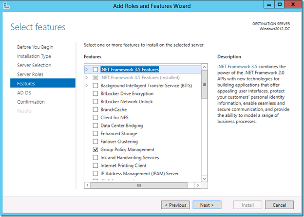 Roles and Features Wizard - Select Features